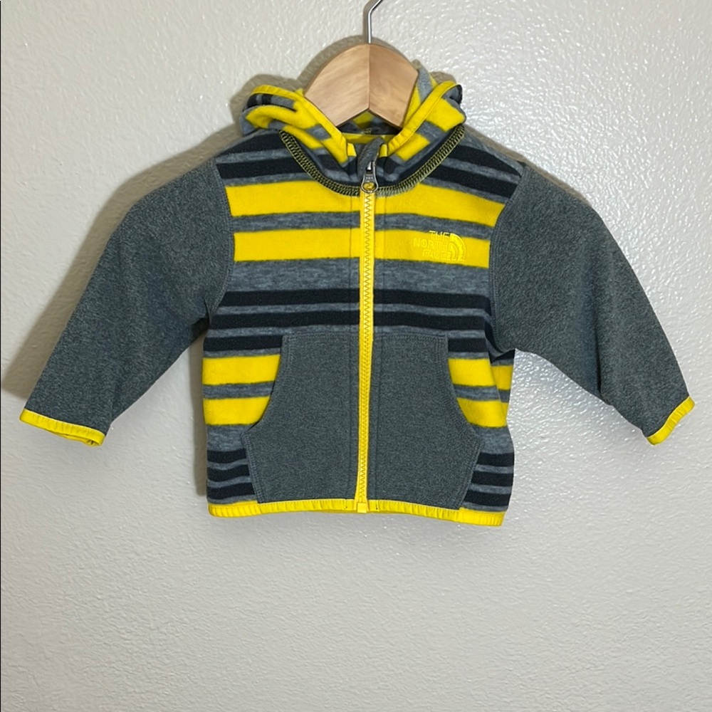 The North Face Gray Yellow Striped Fleece Zip Hoodie Sweatshirt